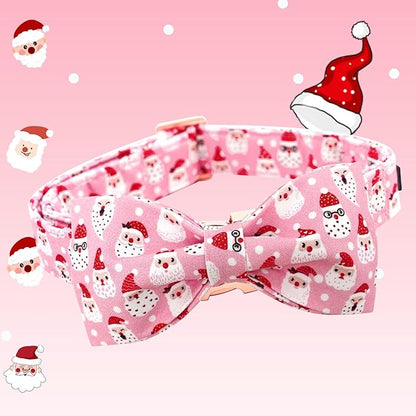 Dog Collar, Christmas Pink Santa Claus Cotton Pet Collar Bow Holiday Girl Boy - Image 3