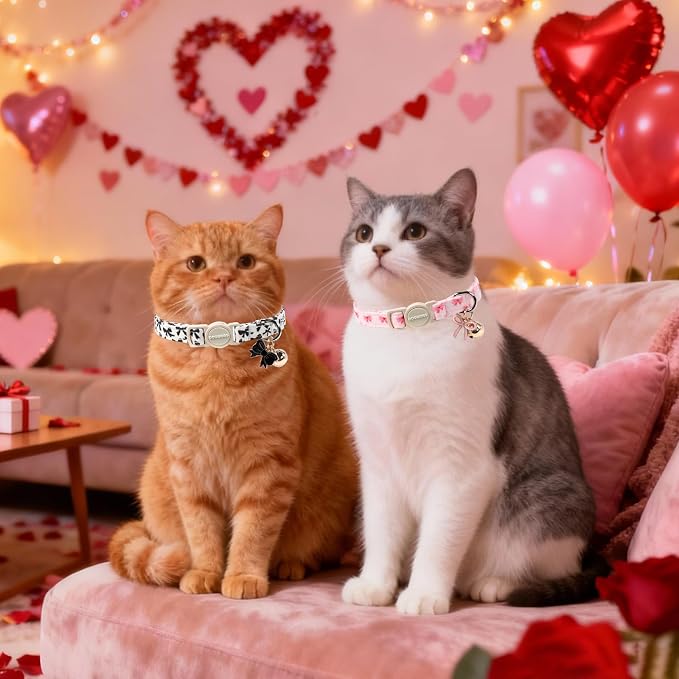 2 Pack Cotton Breakaway Cat Collar Pink and Black Heart Shaped Pendant Cute - Image 6