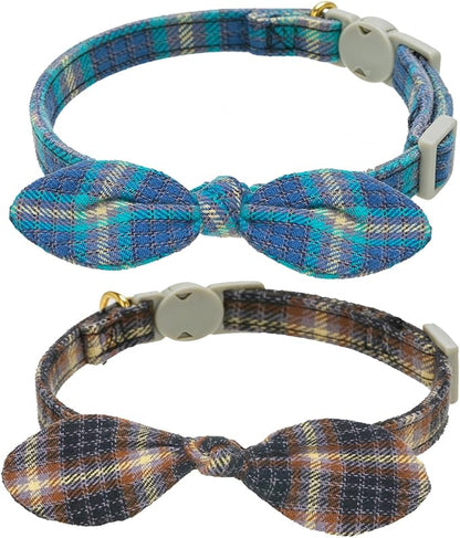 Cotton Bowtie Cat Collar with Bell 2 Pack Plaid Breakaway Kitten Collars with by YUDOTE