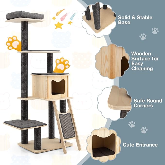 PETSITE 69-inch Tall Wooden Cat Tree Tower, Modern Cat Activity Center Tree - Image 7