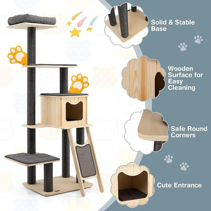PETSITE 69-inch Tall Wooden Cat Tree Tower, Modern Cat Activity Center Tree - Image 7