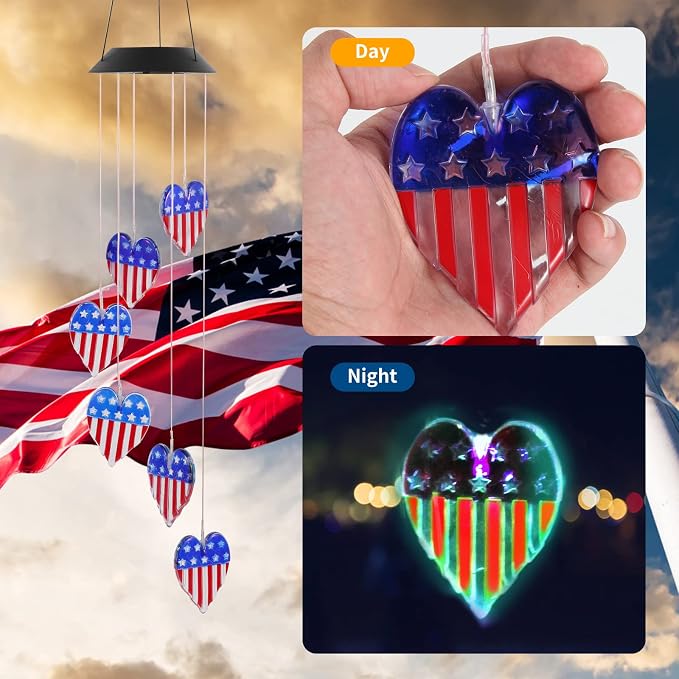American Flag Solar Wind Chimes, Heart-Shaped Love Patriotic Wind Chime Color - Image 2