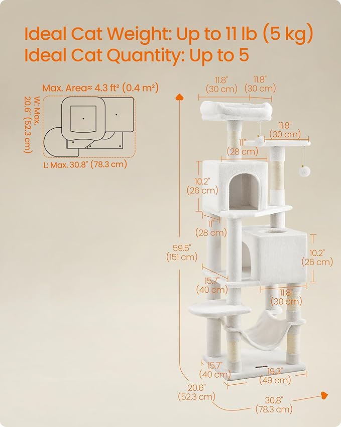 Feandrea Cat Tree, 59.5-Inch Tall Cat Tower, Plush Multi-Level Condo - Image 5