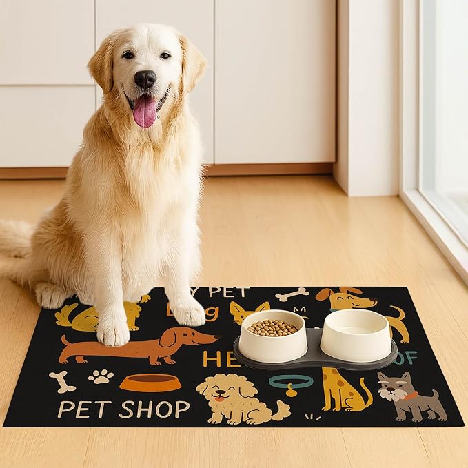 Cute Happy Dog Pattern Design Pet Food Mat 20" x 12" Fun Easy Clean Pet Feeding - Image 3