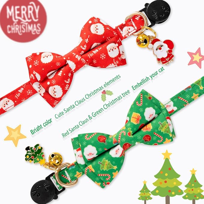 Christmas Cat Collar with Cute Bow Tie Bell 2Pack Red Green Santa Claus - Image 3