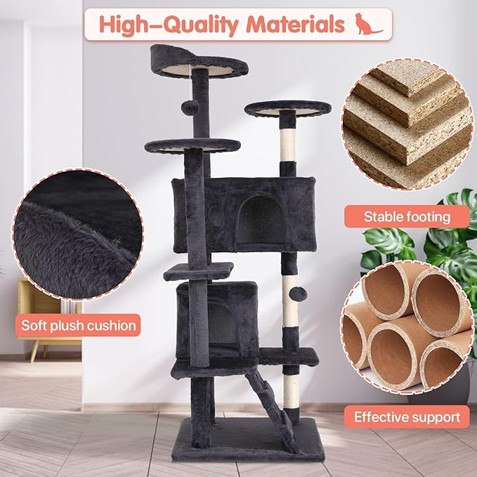 Large Cat Tree with Scratching Post, Wooden Frame, Sisal Ropes, 3 Platforms - Image 5