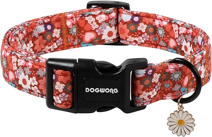 DOGWONG Red Flower Dog Collar, Cute Adjustable Floral Collar, Girl Female Dog by DOGWONG