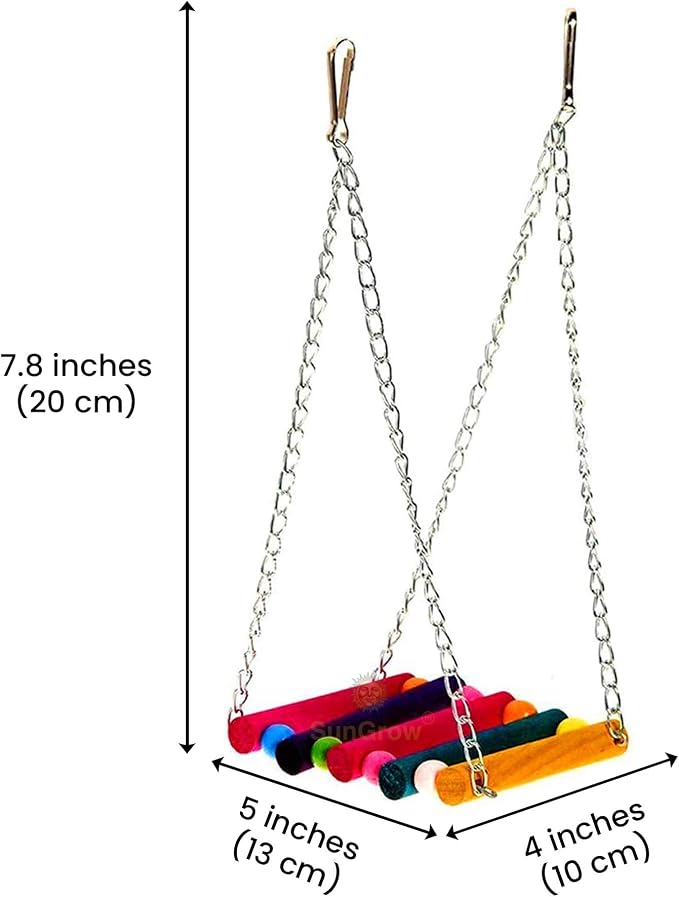 SunGrow Parrot Bird Swing Wooden Perch, Hanging Cage Accessory, Metal Chain - Image 6