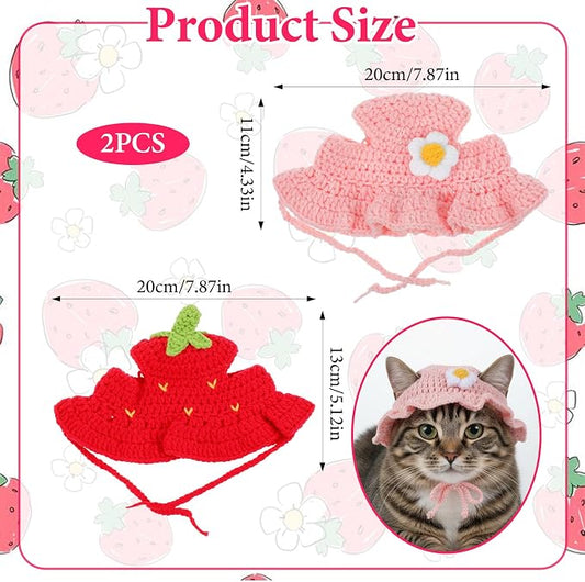 2PCS Strawberry Cat Hats Cute Flower Crochet Hats - Image 2