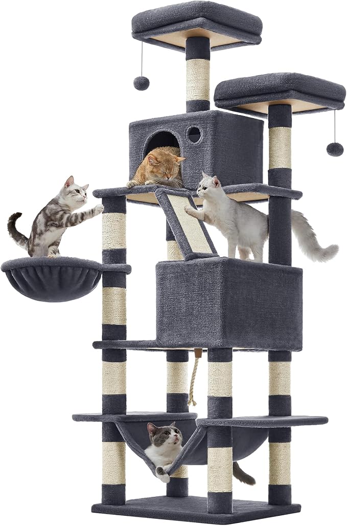 Feandrea Cat Tree, 66.1-Inch Large Cat Tower, 2 Perches, 2 Caves, Smoky Gray by FeandreabySONGMICSHOME
