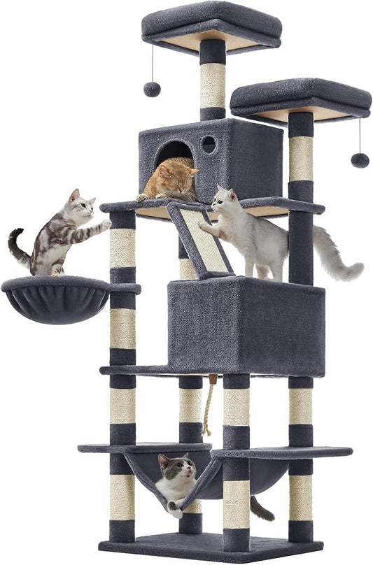 Feandrea Cat Tree, 66.1-Inch Large Cat Tower, 2 Perches, 2 Caves, Smoky Gray by FeandreabySONGMICSHOME