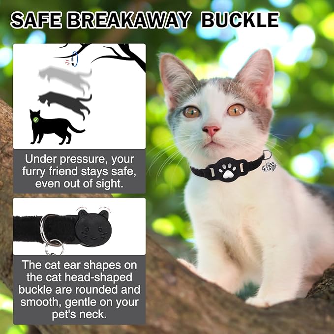 AirTag Cat Collar with Bells, Soft Velvet Cat Collar Breakaway with Airtag - Image 5