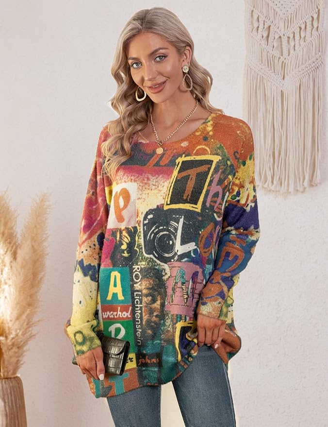 YESNO Women Christmas Sweater Graphic Printed Oversized Pullover Sweaters - Image 3