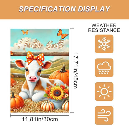 Hello Fall Garden Flag Cute Calf Cow Flag 12x18 Inch Polka Dot Bow Hay Pumpkins - Image 3
