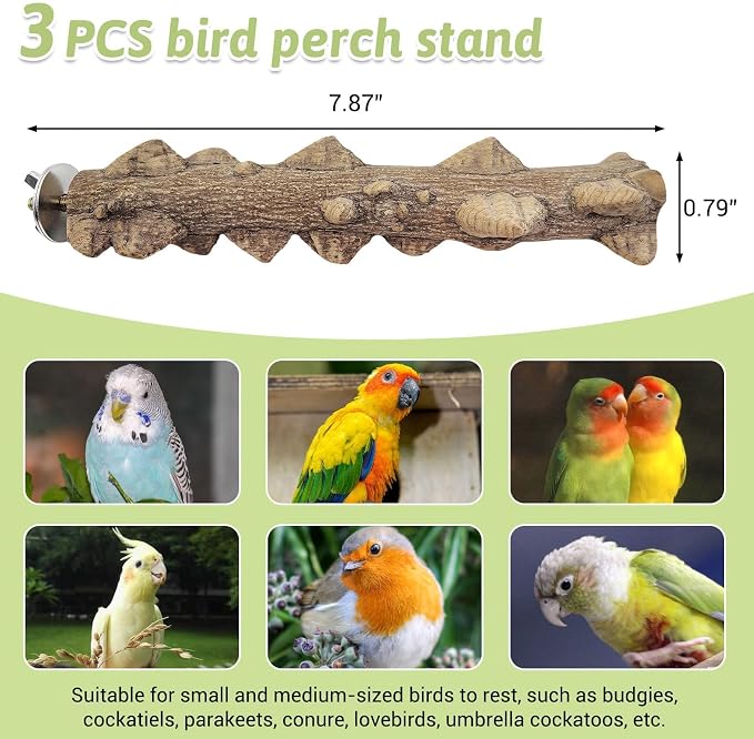 PINVNBY 3Pcs Bird Perches for Cage, Nature Wood Prickly Parrot Stand Toy Paw - Image 2