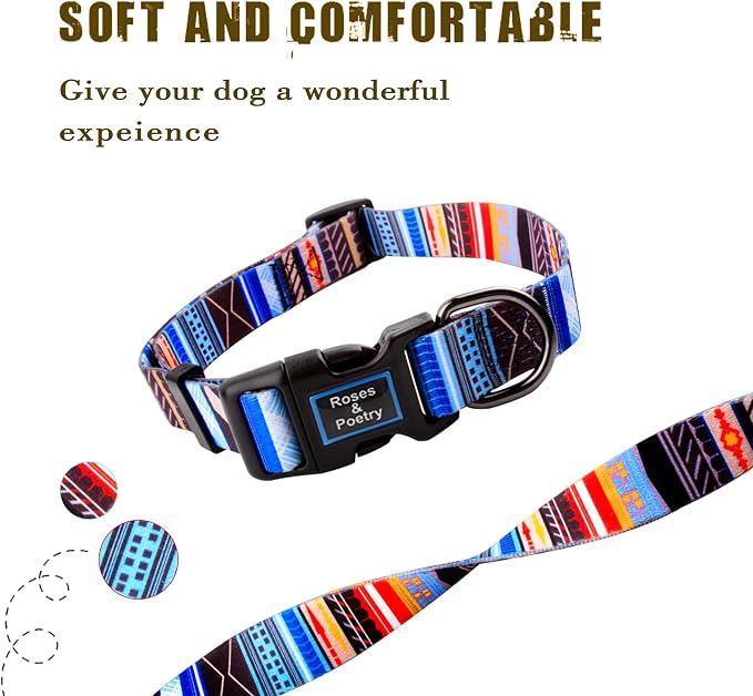Roses&Poetry Dog Collar with Colourful Stripe Patterns, Adjustable Durable - Image 3