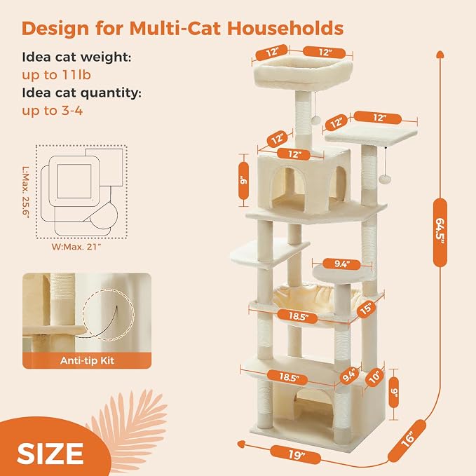 Cat Tree for Indoor Cats, 64.5" Tall Cat Tower - Image 2
