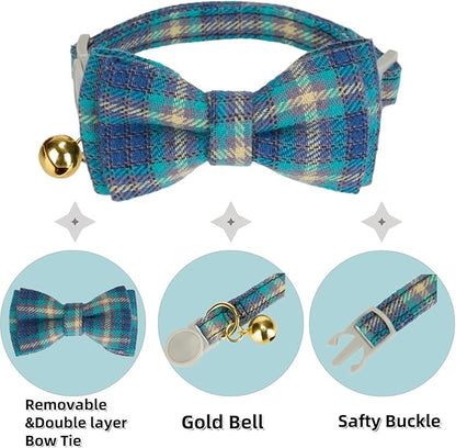 2 Pack Cotton Cat Collar, Removable Bowtie, Plaid Pattern, Safety Breakaway - Image 3