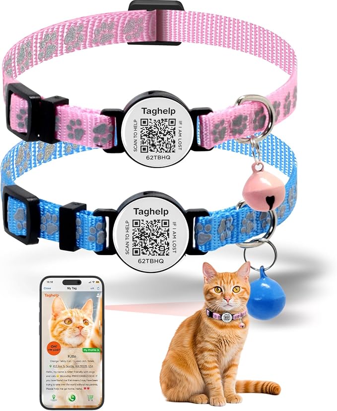 2 Pack QR Code Cat Collar with Instant Lost Pet Recovery System, Scan by Taghelp