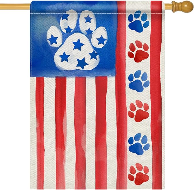 Dyrenson 4th of July Dog Cat Paw Prints 28 x 40 House Flag Double Sided by Dyrenson