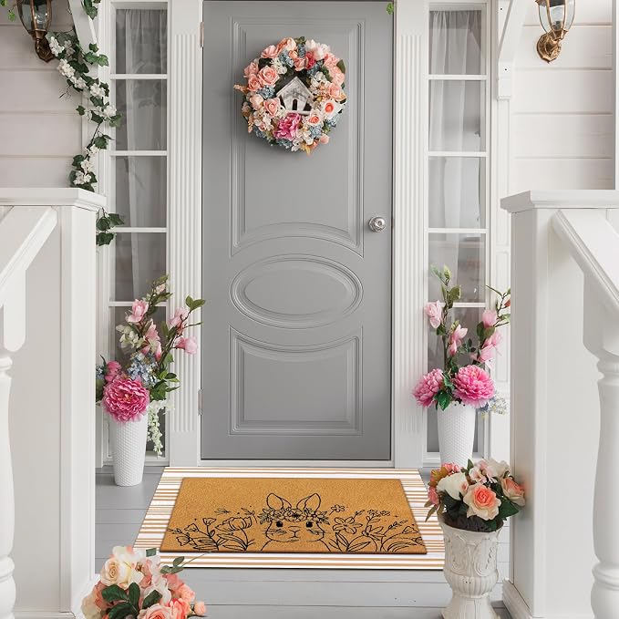 Tinideya 2 Pcs Easter Day Door Mat Welcome Outdoor Non Slip Coir Mats Flower - Image 5
