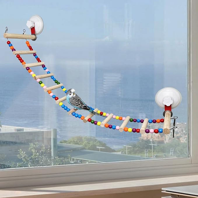 FlidRunest Suction Cup Wooden Bird Perch Stand Toy, Colorful Bird Parrot Ladder by FlidRunest