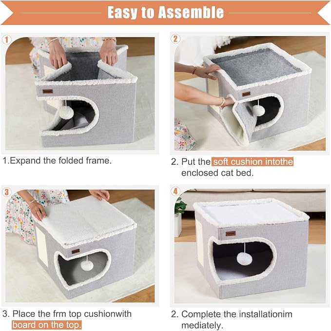 Cat Bed for Indoor Cats Cube House, Covered Cat Cave Beds & Furniture - Image 5