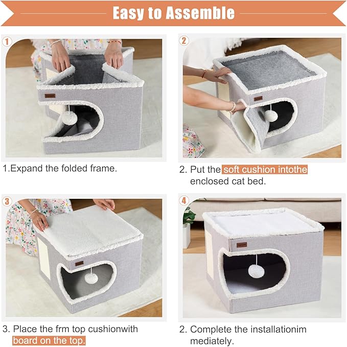 Cat Bed for Indoor Cats Cube House, Covered Cat Cave Beds & Furniture - Image 4