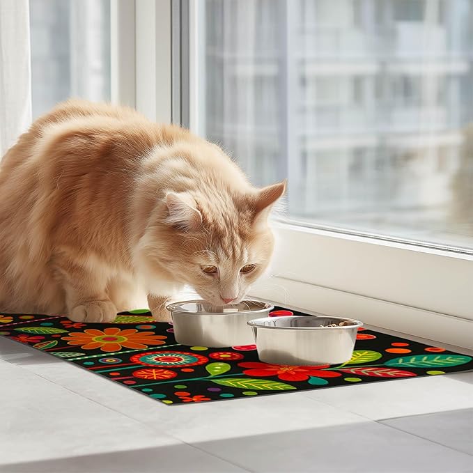 Vibrant Flower Pattern Pet Food Mat Spill-Proof Pet Feeding Mats - Image 3