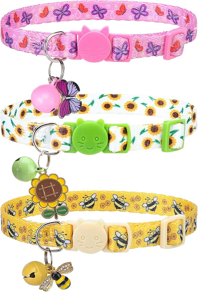 Breakaway Cat Collars with Bell & Cute Pendants, 3 Pack Safety Buckle Kitten by VKPETFR