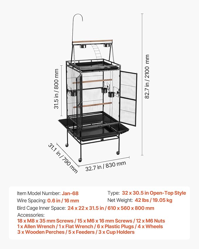 VEVOR Bird Cage, 32.7 x 31.1 x 82.7 inch, Open Flat Top, Wrought Iron Bird - Image 7