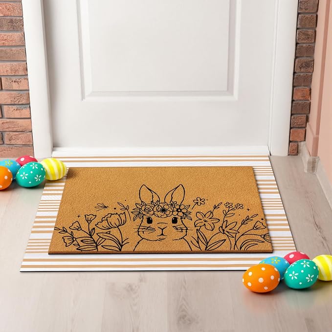 Tinideya 2 Pcs Easter Day Door Mat Welcome Outdoor Non Slip Coir Mats Flower - Image 4