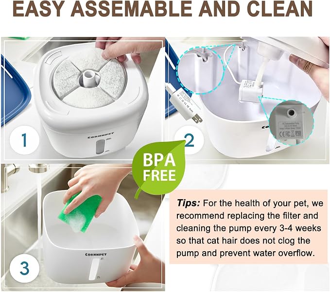Cat Water Fountain 2.2L with 3 Filters and 1 Mat, Dual Flow Modes Dog Water - Image 7