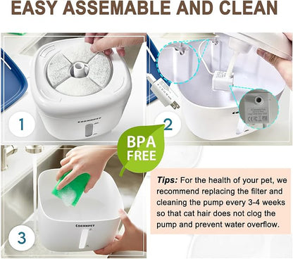Cat Water Fountain 2.2L with 3 Filters and 1 Mat, Dual Flow Modes Dog Water - Image 7