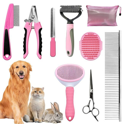 Dog Brush & Grooming Kit – 9-Piece Pet Brush & Deshedding Set by Aiolpy