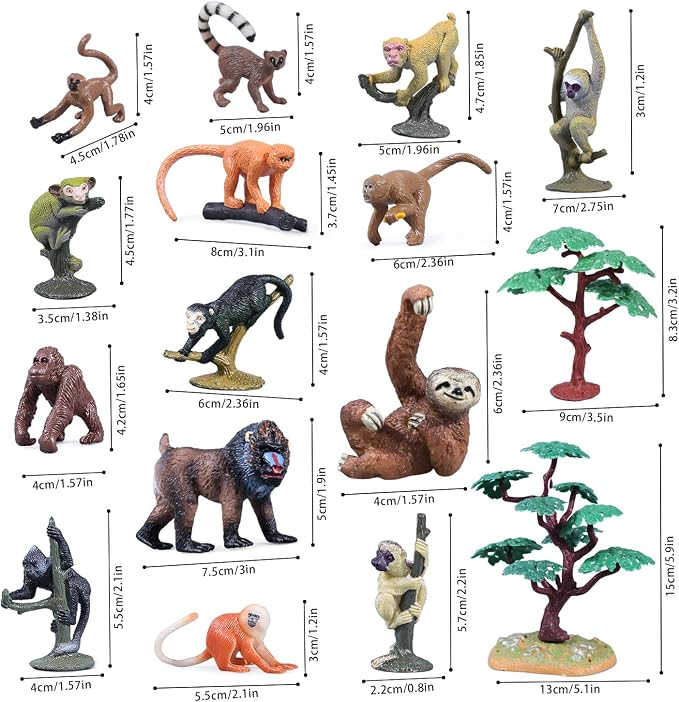 16Pcs Monkey Animal Figures Set, Ring-Tailed Lemur Gorilla and Trees - Image 3