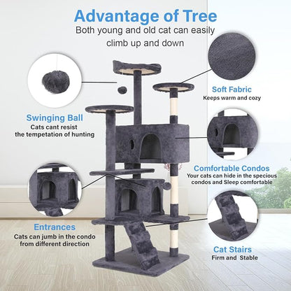 FDW | 54" Cat Tree Tower | Ashy | Multi-Level Indoor Activity Center - Image 3