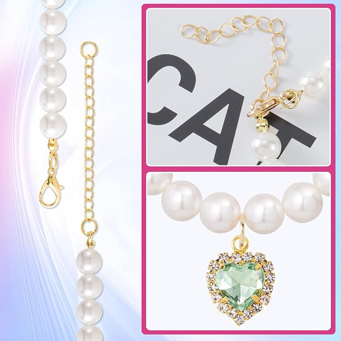2pcs Cat Dog Pearl Collar, Small Heart Shape Rhinestone Pet Necklace, - Image 6