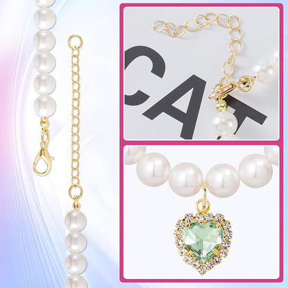 2pcs Cat Dog Pearl Collar, Small Heart Shape Rhinestone Pet Necklace, - Image 6