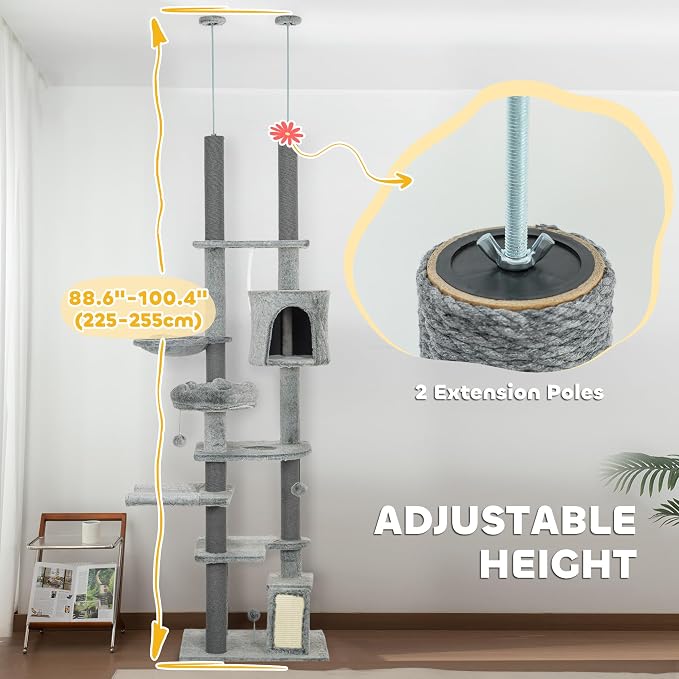 PawHut Floor to Ceiling Cat Tree, Scratching Posts & Ramp - Image 3