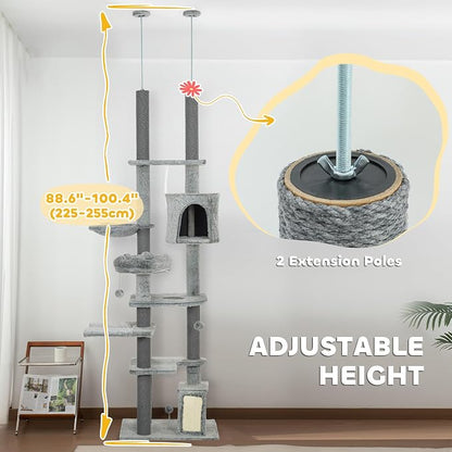 PawHut Floor to Ceiling Cat Tree, Scratching Posts & Ramp - Image 3