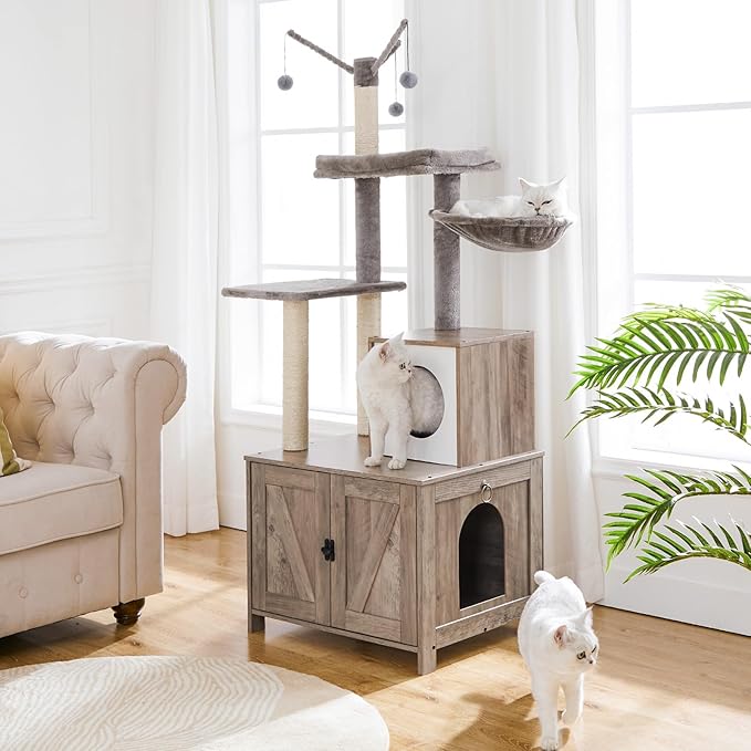 HOOBRO Cat Tree Tower with Litter Box Enclosure Indoor, Wooden Cat Condo with - Image 2