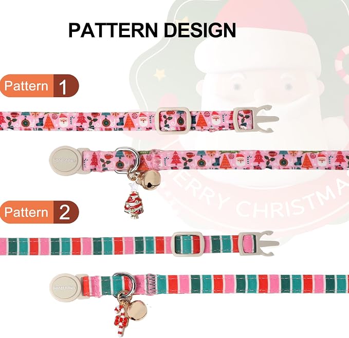 Lionet Paws 2pcs Pack Christmas Cat Collar, Ho Christmas Tree & Pink Stripes - Image 3