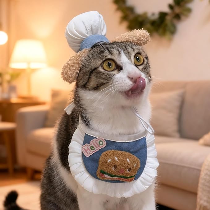 HOWWFALY Cat Halloween Costumes Pet Chef Hat &Hamburger Bib Costume Set - Image 3