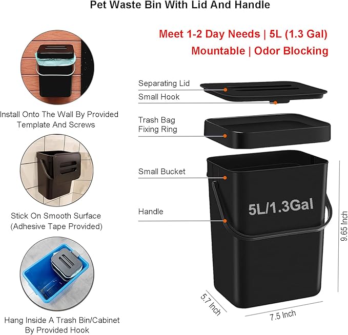 Small Dog Waste Station for Home 1.3Gallon/5L Mountable Doggie Trash Can - Image 6
