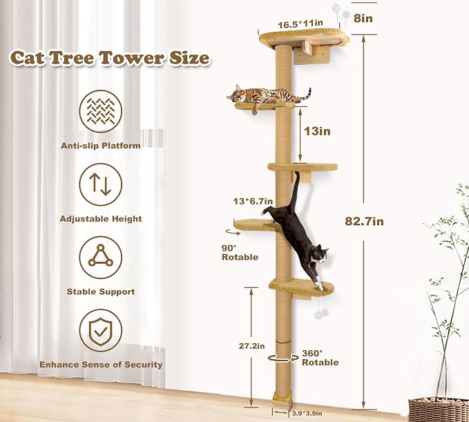 5-Tier Tall Cat Tree for Kittens, Floor to Ceiling Wall Mounted Cat Wall Shelves - Image 2