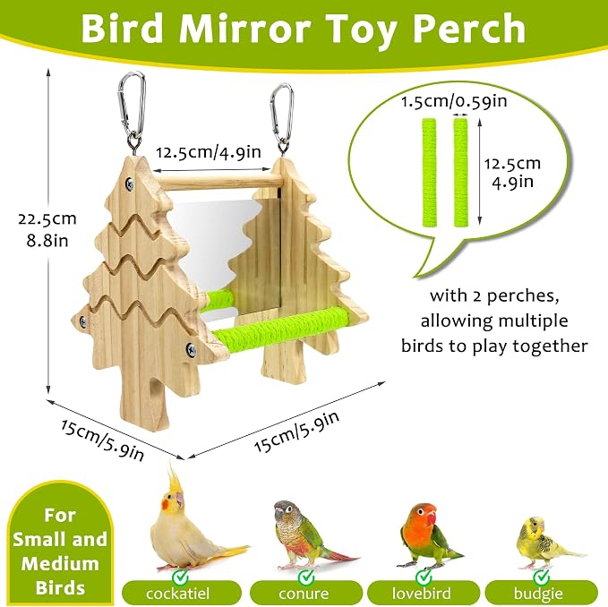 Bird Mirror Toy Perch, 2-Sided Hd Parakeet Mirrors & 2 Cotton-Wrapped Perches - Image 6