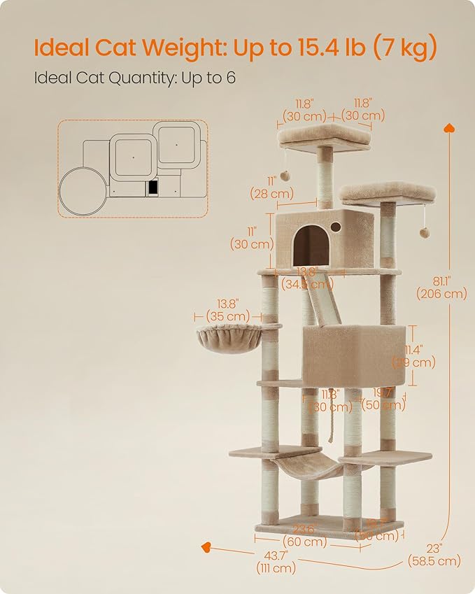 Feandrea Cat Tree, 81.1-Inch Large Cat Tower, 2 Perches, 2 Caves, Camel Brown - Image 5