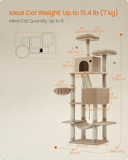 Feandrea Cat Tree, 81.1-Inch Large Cat Tower, 2 Perches, 2 Caves, Camel Brown - Image 5