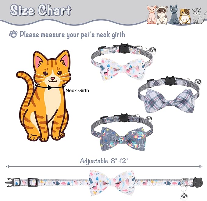 Breakaway Cat Collar with Removable Bow Tie and Bell, Cute Multi-Style Patterns - Image 2